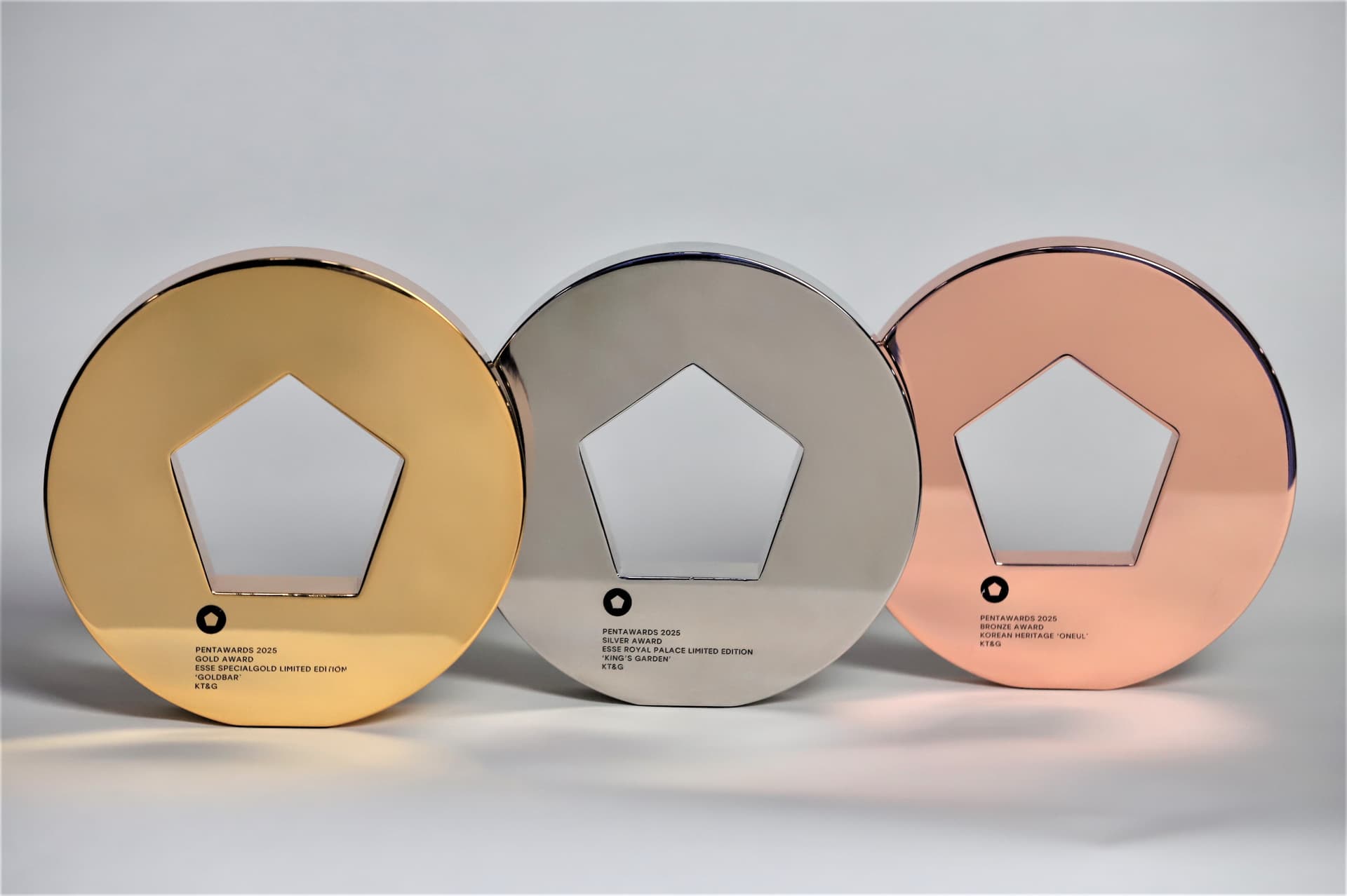 KT&G’s 2025 Pentawards trophies can be seen in the photo (from left: Gold, Silver, Bronze).